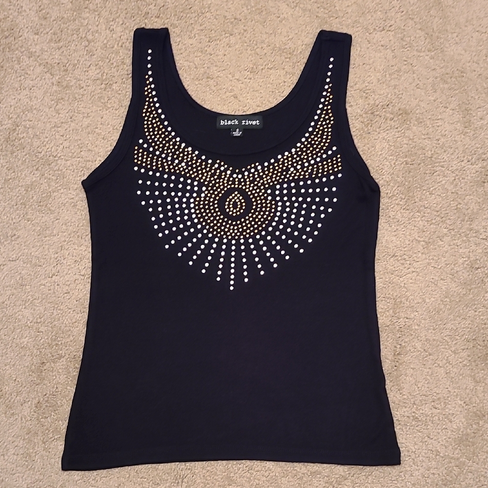 Women's Black and Gold Embellished Tank Top; Size Small